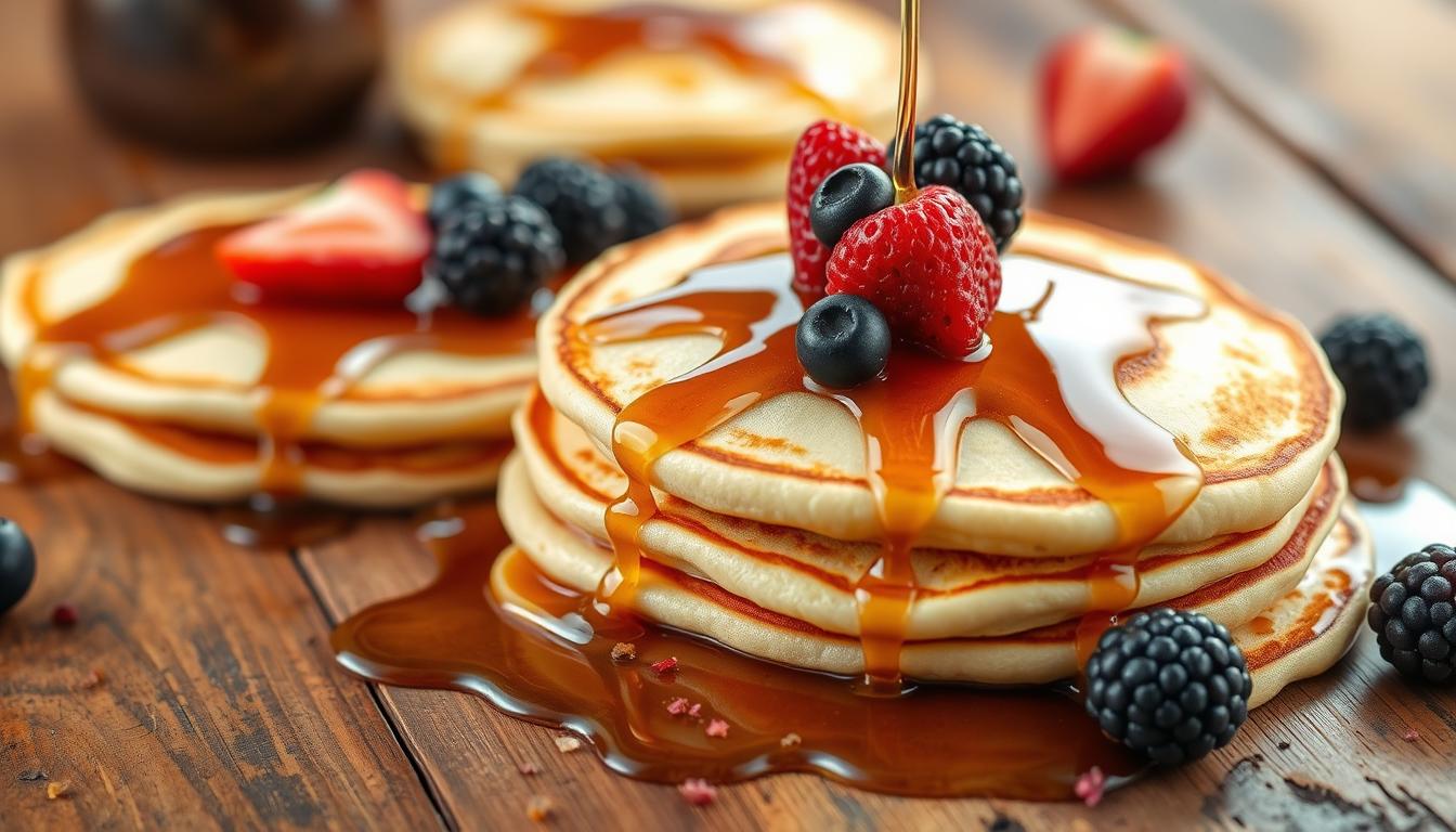 Vibrant low-carb pancakes with a fluffy, golden-brown exterior and a luscious, creamy center, artfully arranged on a rustic wooden surface. Drizzles of rich, sugar-free maple syrup and sprinklings of fresh berries add pops of color and natural sweetness. Soft, diffused lighting casts a warm, inviting glow, creating an appetizing and family-friendly scene. The overall composition exudes a sense of healthful indulgence, perfectly capturing the spirit of a low-carb breakfast makeover.