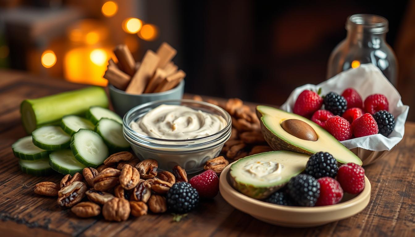 Vibrant midnight snacks arranged on a rustic wooden table, illuminated by warm, ambient lighting. An assortment of low-carb options, including crisp cucumber slices, creamy avocado dip, savory roasted nuts, and refreshing berries. The scene is framed by a soft, blurred background, drawing the viewer's focus to the satisfying, healthy treats. The overall composition conveys a sense of indulgence and nourishment, perfect for the late-night cravings of a health-conscious night owl.