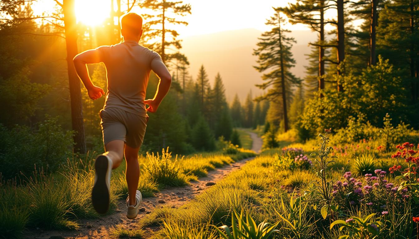 Vibrant morning landscape with a dynamic metabolic activation scene. In the foreground, a person in active running pose, their muscles flexing with energy. Warm, golden sunlight filters through the trees, casting a glowing, energetic aura. In the middle ground, a winding forest path leads the eye deeper into the scene. Lush, verdant foliage in shades of green and vibrant wildflowers line the path, suggesting the renewal and rejuvenation of the body. The background features a distant, hazy mountain range, hinting at the expansive potential of the body's natural metabolic abilities. An atmosphere of invigorating, revitalizing activity pervades the entire composition.