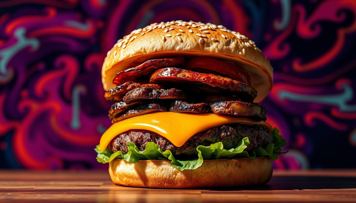 Vibrant, mouthwatering close-up of a low-carb burger modification, featuring a sesame seed bun, crisp lettuce leaf, juicy beef patty, melted cheese, and roasted vegetables. The burger is lit from the side, casting dramatic shadows and highlights to accentuate its textures and flavors. The background is a swirling, abstract kaleidoscope of rich, saturated colors, creating an appetizing, high-contrast visual. Captured with a wide-angle lens to emphasize the burger's hearty proportions and appeal. The overall mood is bold, appetizing, and inspiring for low-carb diners seeking satisfying fast food alternatives.