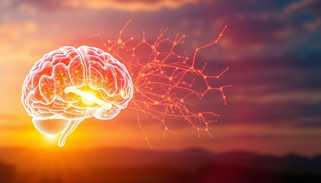 Vibrant neural pathways illuminated in a detailed brain illustration, showcasing the neurological advantages of an active lifestyle. The foreground depicts a glowing, energized brain segment, pulsing with vivid synaptic activity. The middle ground features intricate, color-coded networks of neurons, dendrites, and myelin sheaths, conveying the heightened cognitive function enabled by regular physical exercise. The background offers a serene, dawn-lit landscape, hinting at the rejuvenating power of morning walks. Captured with a crisp, high-resolution lens, the image exudes a sense of vitality and mental clarity, perfectly complementing the "Neurological Advantages of Sunrise Walking" section of the article.