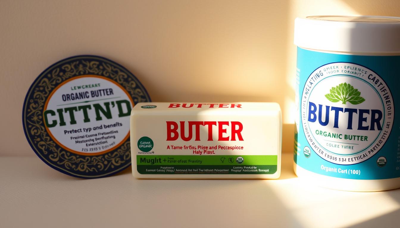 Vibrant organic butter certification labels against a soft, muted background. The labels feature intricate patterns, vibrant colors, and bold typography showcasing the butter's purity, sustainability, and ethical production. Warm, natural lighting casts gentle shadows, highlighting the textural details of the labels. The overall composition emphasizes the importance of choosing high-quality, certified butter for skin and hair care applications, aligning with the article's focus on the overlooked beauty benefits of this versatile ingredient.