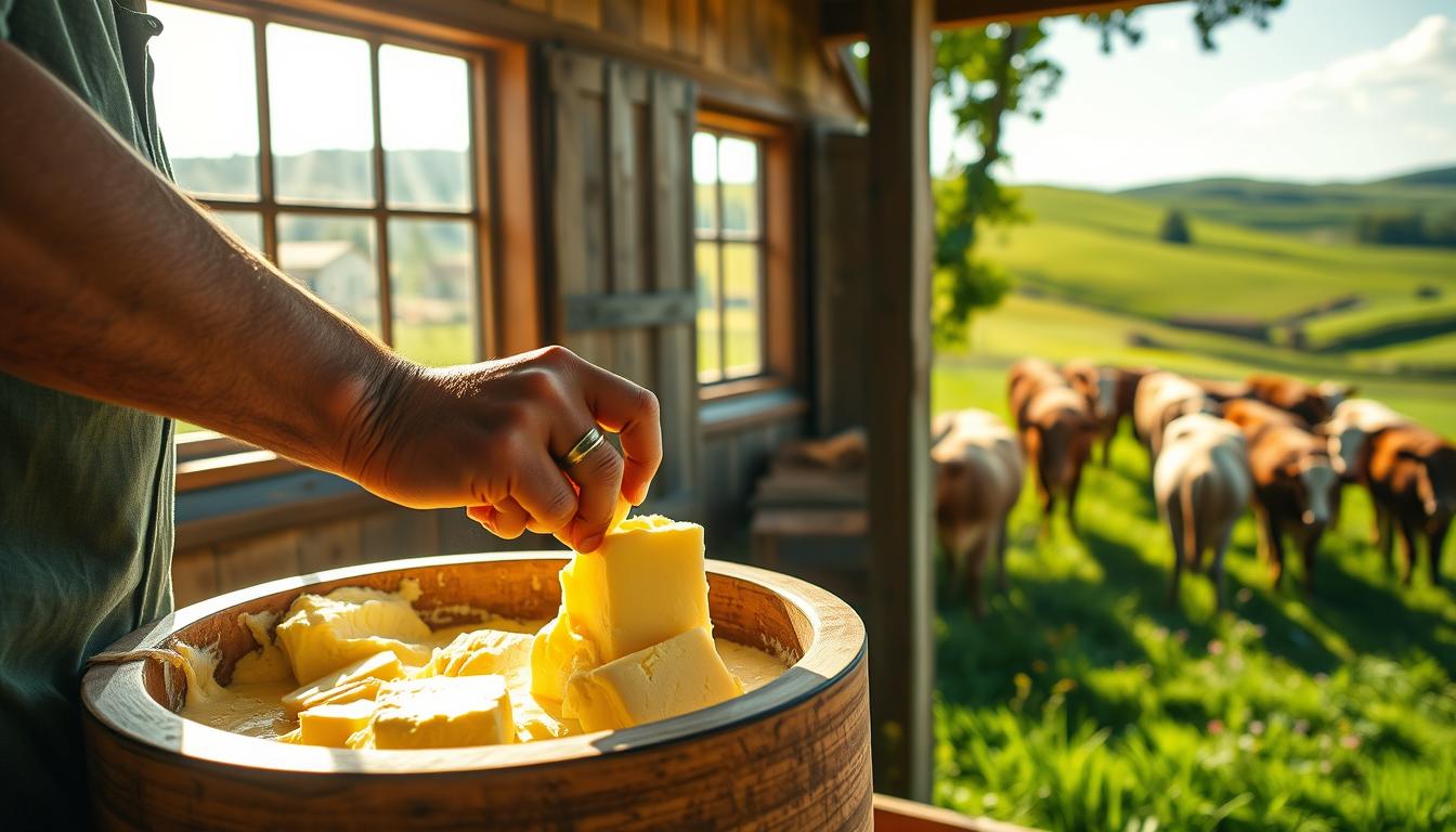 Vibrant organic butter production process: a sun-dappled farmhouse, surrounded by lush green pastures and rolling hills. In the foreground, a wooden churn gently rocks back and forth, as a farmer's calloused hands expertly work the cream into golden, fragrant butter. Sunlight filters through the windows, casting a warm glow on the scene. The air is filled with the earthy aroma of freshly churned butter, mingling with the scent of wildflowers. In the background, a herd of contented cows graze peacefully, their sleek coats shimmering in the afternoon light. This intimate, artisanal process captures the essence of traditional, nutrient-rich butter, from the farm to the table.