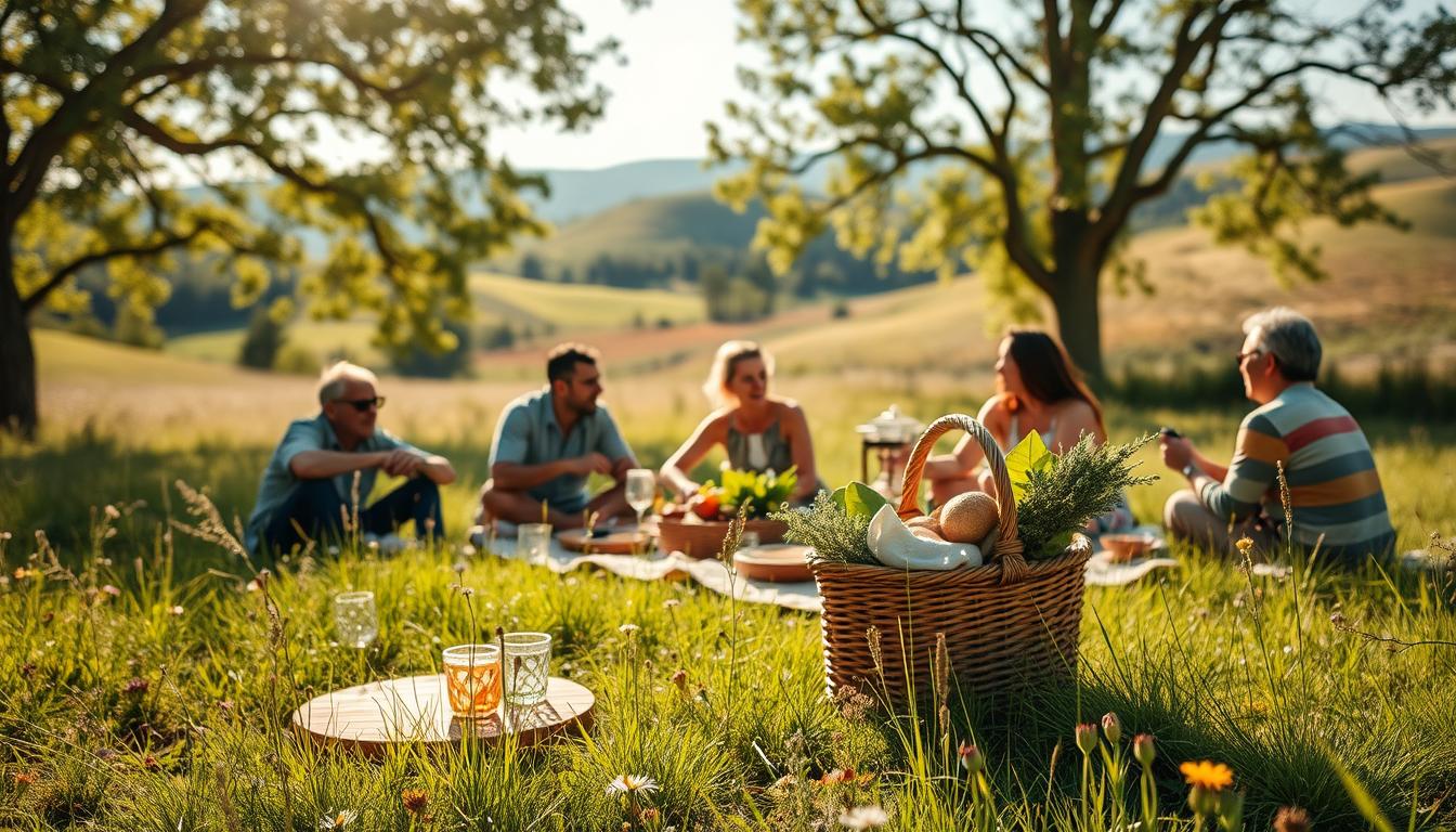 Vibrant outdoor gathering with eco-friendly picnic setup. Lush, sun-dappled meadow in the foreground, with a group of friends enjoying a sustainably-sourced meal on wooden platters and recycled glassware. Scattered wildflowers, reusable cloth napkins, and a woven basket overflowing with organic produce create a rustic, nature-inspired scene. Soft, golden lighting filters through the canopy of nearby trees, casting a warm glow over the relaxed gathering. In the background, rolling hills and a clear blue sky complete the serene, environmentally-conscious landscape. Vibrant outdoor gathering with eco-friendly picnic setup. Lush, sun-dappled meadow in the foreground, with a group of friends enjoying a sustainably-sourced meal on wooden platters and recycled glassware. Scattered wildflowers, reusable cloth napkins, and a woven basket overflowing with organic produce create a rustic, nature-inspired scene. Soft, golden lighting filters through the canopy of nearby trees, casting a warm glow over the relaxed gathering. In the background, rolling hills and a clear blue sky complete the serene, environmentally-conscious landscape.