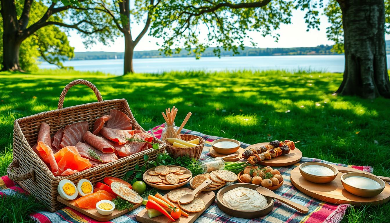 Vibrant outdoor picnic scene showcasing a variety of healthy protein-rich dishes. In the foreground, a woven wicker basket overflows with artisanal cured meats, smoked salmon, hard-boiled eggs, and grilled chicken skewers. Surrounding the basket are freshly chopped vegetables, whole grain crackers, and creamy hummus. In the middle ground, a colorful blanket is spread on lush green grass, with wooden plates and utensils neatly arranged. Towering trees provide dappled sunlight, casting a warm, natural glow across the scene. In the background, a serene lake or pond reflects the picturesque landscape. The overall atmosphere is one of nourishment, wellness, and outdoor relaxation. Vibrant outdoor picnic scene showcasing a variety of healthy protein-rich dishes. In the foreground, a woven wicker basket overflows with artisanal cured meats, smoked salmon, hard-boiled eggs, and grilled chicken skewers. Surrounding the basket are freshly chopped vegetables, whole grain crackers, and creamy hummus. In the middle ground, a colorful blanket is spread on lush green grass, with wooden plates and utensils neatly arranged. Towering trees provide dappled sunlight, casting a warm, natural glow across the scene. In the background, a serene lake or pond reflects the picturesque landscape. The overall atmosphere is one of nourishment, wellness, and outdoor relaxation.