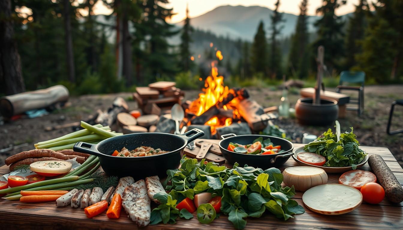 Vibrant outdoor scene depicting a well-organized campfire cooking setup. In the foreground, an array of fresh, healthy ingredients laid out on a sturdy wooden table - lean proteins, seasonal vegetables, and crisp salad greens. A cast iron skillet sizzles over the glowing embers, releasing delicious aromas. In the middle ground, a well-tended campfire burns steadily, surrounded by neatly stacked firewood and essential cooking tools. The background showcases a serene forest landscape, with towering pine trees and a picturesque mountain silhouette. Soft, diffused lighting creates a warm, inviting atmosphere, emphasizing the safety and care taken in this wilderness meal preparation.