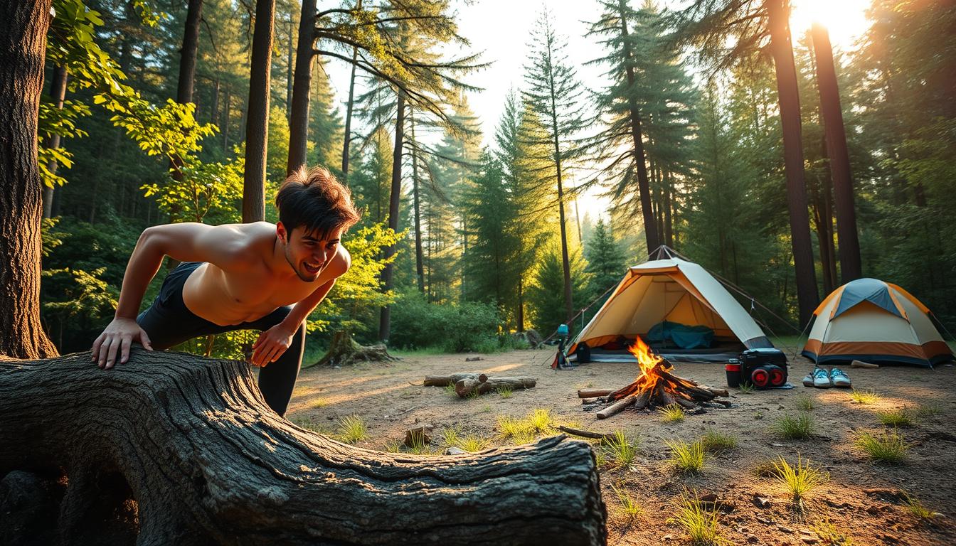 Vibrant outdoor scene of a person doing a series of dynamic camping-inspired exercises in a lush forest setting. In the foreground, a fit individual performs pushups on a sturdy tree log, their muscles rippling. In the middle ground, they transition into jumping jacks, their silhouette cast against a backdrop of verdant foliage. The background features a serene campsite with a tent, campfire, and hiking gear, all illuminated by warm, golden sunlight filtering through the canopy. The atmosphere is one of invigorating physical activity amidst the tranquility of nature.