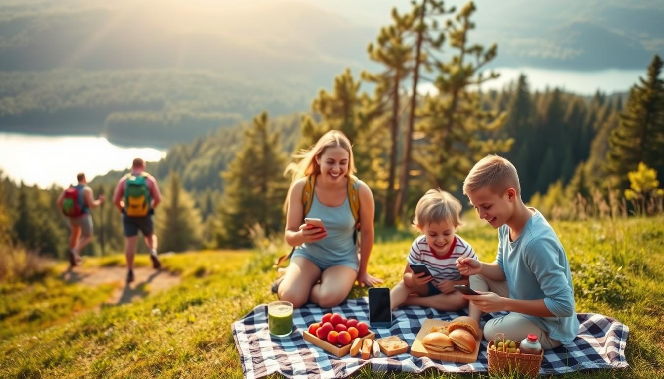 Vibrant outdoor scene showcasing active leisure pursuits that reduce snacking and technology use. In the foreground, a group of friends hiking along a winding trail, their bodies in motion, backpacks and hiking poles in hand. The middle ground features a family picnicking on a grassy knoll, fresh fruits and sandwiches laid out on a checkered blanket, their phones and tablets abandoned. In the distant background, a shimmering lake reflects the sky, surrounded by lush, verdant forests. Warm afternoon sunlight filters through the canopy, casting a golden glow over the entire tableau. The overall mood is one of joy, vitality, and a purposeful disconnect from the digital realm.