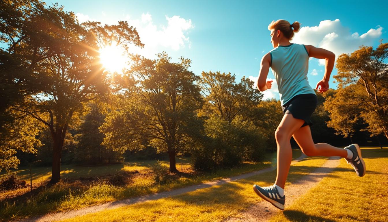 Vibrant outdoor scene showcasing the synergy between physical activity and vitamin D. In the foreground, a person jogs along a sun-dappled path, their muscles in motion. The middle ground features a lush, verdant landscape with towering trees casting dappled shadows. Bathed in warm, golden sunlight, the scene radiates a sense of vitality and energy. In the background, a clear blue sky with fluffy clouds completes the idyllic, rejuvenating atmosphere. The composition emphasizes the interplay between the human form, nature's abundance, and the sun's life-giving rays - a harmony that embodies the "physical activity multiplier effect" of vitamin D.