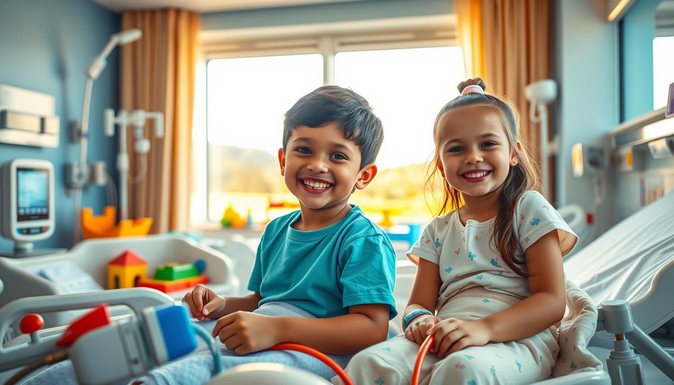 Vibrant pediatric ward with two patients - a young boy and girl, both smiling and engaged in play activities. The warm, welcoming lighting casts a gentle glow, highlighting their cheerful expressions. In the foreground, medical equipment blends seamlessly into the scene, conveying a sense of care and attention. The middle ground features colorful, age-appropriate toys and decor, creating an inviting and therapeutic environment. In the background, a view through a large window reveals a tranquil outdoor landscape, providing a calming contrast. The overall atmosphere radiates positivity and hope, reflecting the resilience and progress of these young patients.