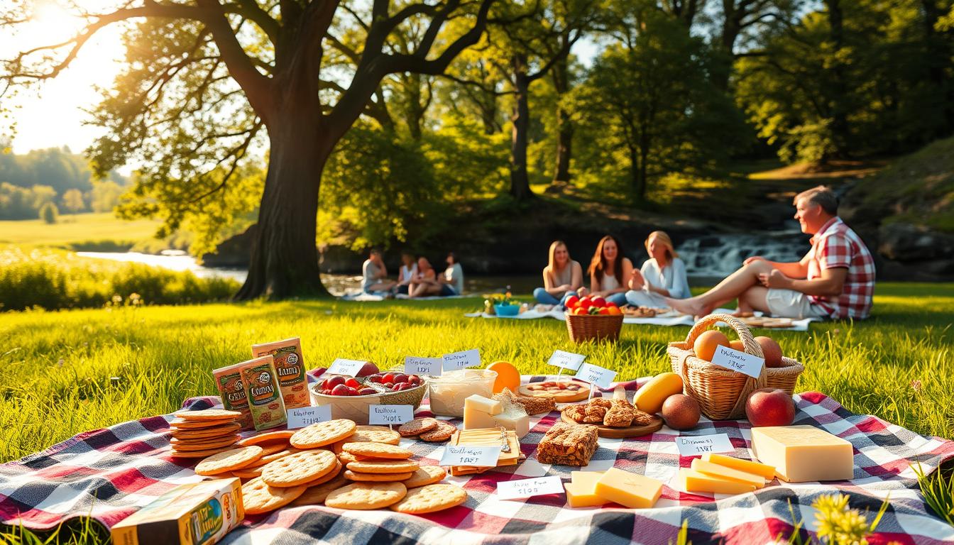 Vibrant picnic scene in a lush, sun-dappled meadow. In the foreground, a checkered blanket laid out with an array of allergy-friendly foods - gluten-free crackers, nut-free granola bars, dairy-free cheese slices, and fresh fruit. Scattered around are paper tags identifying each item's allergens. In the middle ground, a group of friends and family enjoying the meal, laughing and conversing. Towering trees and a flowing river create a peaceful, natural backdrop. Warm, golden light filters through the leaves, casting a serene glow over the whole scene. A sense of togetherness and allergy-aware celebration pervades the atmosphere. Vibrant picnic scene in a lush, sun-dappled meadow. In the foreground, a checkered blanket laid out with an array of allergy-friendly foods - gluten-free crackers, nut-free granola bars, dairy-free cheese slices, and fresh fruit. Scattered around are paper tags identifying each item's allergens. In the middle ground, a group of friends and family enjoying the meal, laughing and conversing. Towering trees and a flowing river create a peaceful, natural backdrop. Warm, golden light filters through the leaves, casting a serene glow over the whole scene. A sense of togetherness and allergy-aware celebration pervades the atmosphere.