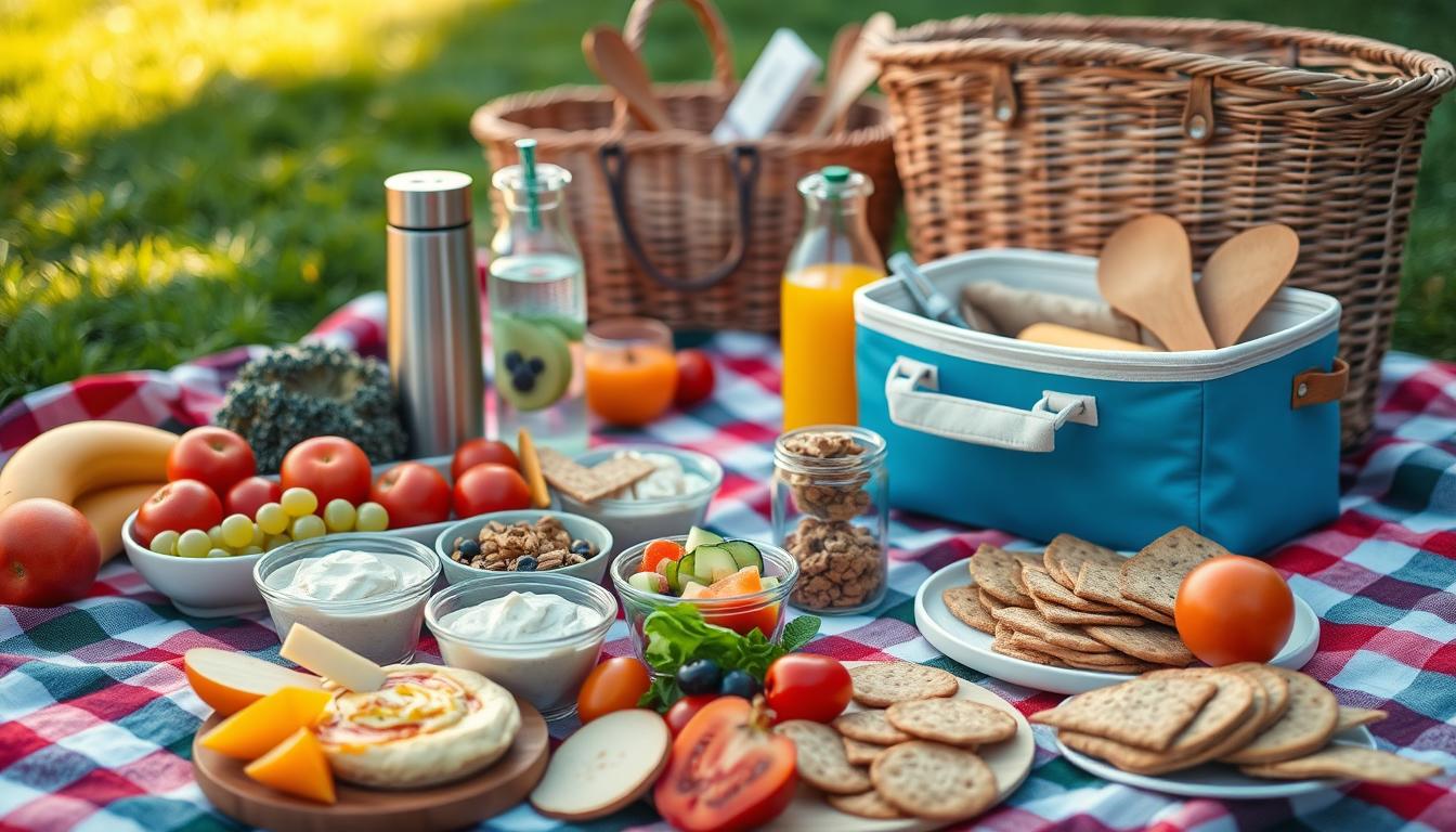 Vibrant picnic spread on a checkered blanket, with a variety of healthy snacks and meal components laid out neatly. In the foreground, an assortment of fresh fruits, vegetables, hummus, and whole grain crackers. In the middle ground, a thermos, reusable water bottles, and a small cooler filled with nutritious drinks and ingredients for a wholesome sandwich. In the background, a wicker basket, reusable utensils, and a chic picnic tote bag. Soft natural lighting casts a warm glow, creating an inviting and appetizing outdoor scene. Vibrant picnic spread on a checkered blanket, with a variety of healthy snacks and meal components laid out neatly. In the foreground, an assortment of fresh fruits, vegetables, hummus, and whole grain crackers. In the middle ground, a thermos, reusable water bottles, and a small cooler filled with nutritious drinks and ingredients for a wholesome sandwich. In the background, a wicker basket, reusable utensils, and a chic picnic tote bag. Soft natural lighting casts a warm glow, creating an inviting and appetizing outdoor scene.