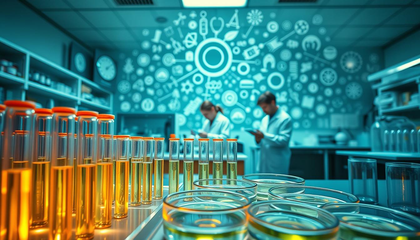Vibrant randomized controlled trials in homeopathy research. In the foreground, an array of test tubes and petri dishes in a clinical laboratory setting, glowing with a soft, diffused light. In the middle ground, researchers in white coats carefully recording data and observing the samples. The background features a sprawling network of holistic and alternative medicine symbols, creating a sense of the broader context and philosophical underpinnings of homeopathy. The scene is captured with a wide-angle lens, conveying a sense of depth and complexity to the subject matter. The overall mood is one of scientific inquiry and the intersection of conventional and unconventional approaches to healthcare.
