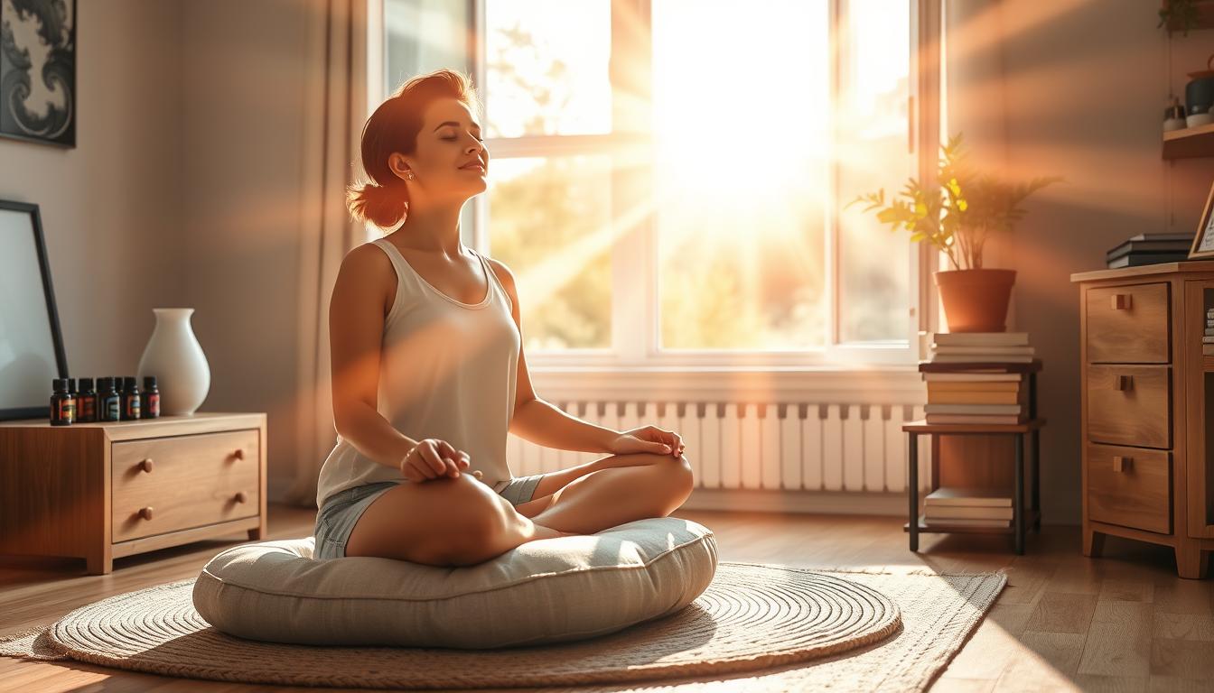 Vibrant rays of sunlight stream through an open window, casting a warm, rejuvenating glow on a serene home office space. In the foreground, a person sits cross-legged on a plush meditation cushion, eyes closed in deep contemplation, their expression peaceful and focused. Beside them, a wooden desk displays various self-care items - a diffuser with calming essential oils, a potted plant, and a stack of inspiring books. The middle ground features a harmonious blend of natural textures, from the smooth wooden floors to the woven area rug. In the background, a verdant landscape can be seen through the window, symbolizing the connection between inner and outer wellbeing. This holistic scene conveys the power of mindful stress management to support a strong, resilient immune system.