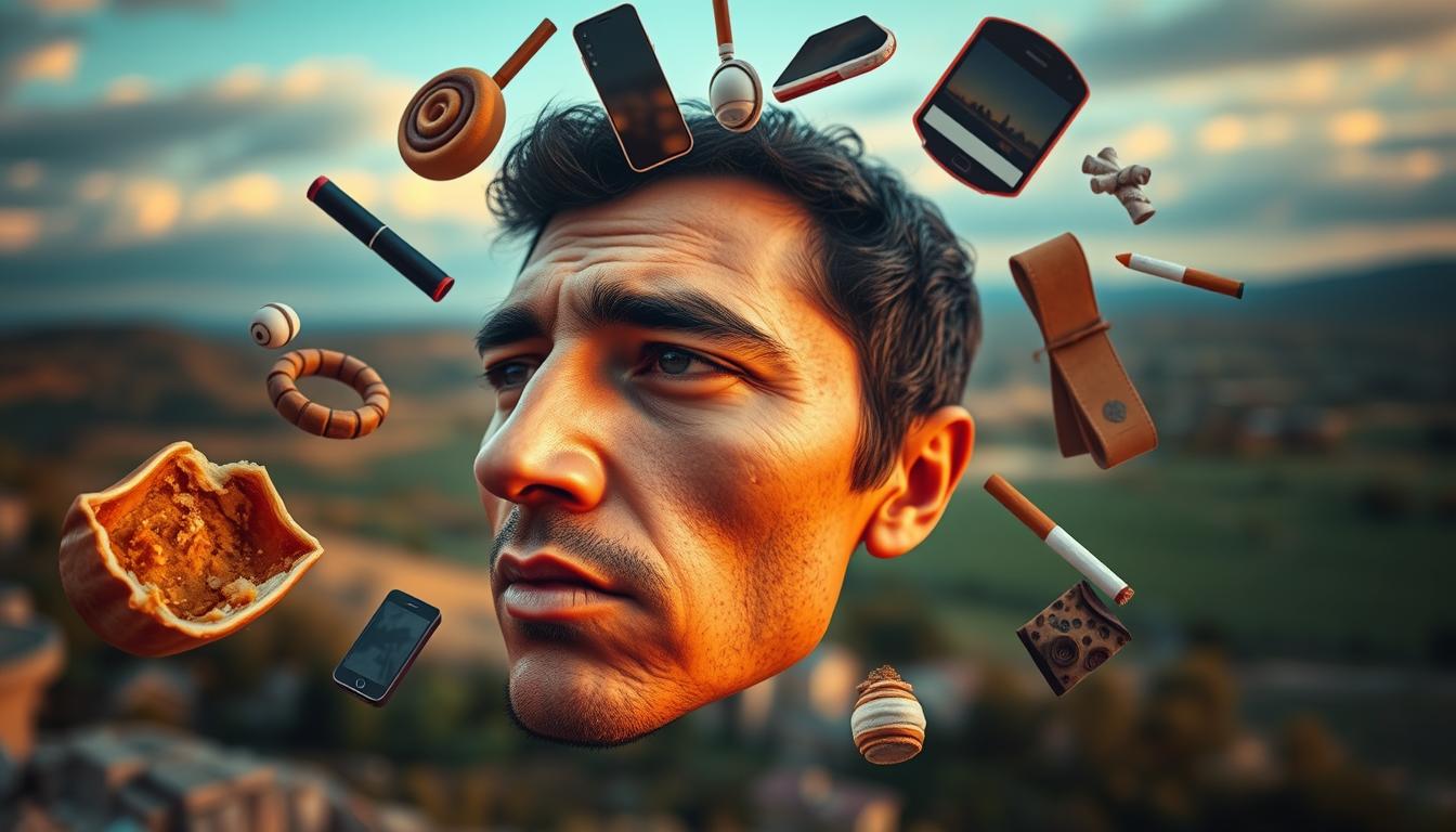 Vibrant scene depicting a person's personal triggers for overcoming temptations. In the foreground, a detailed close-up of a human face with a pensive expression, looking inward. Surrounding them, a swirling array of symbolic representations of their triggers - a half-eaten pastry, a mobile phone, a pile of cash, a cigarette, etc. In the background, a blurred landscape suggesting the person's environment. Warm, diffused lighting casts a contemplative mood. Dramatic angles and a cinematic perspective create a sense of introspection and self-discovery. Vibrant scene depicting a person's personal triggers for overcoming temptations. In the foreground, a detailed close-up of a human face with a pensive expression, looking inward. Surrounding them, a swirling array of symbolic representations of their triggers - a half-eaten pastry, a mobile phone, a pile of cash, a cigarette, etc. In the background, a blurred landscape suggesting the person's environment. Warm, diffused lighting casts a contemplative mood. Dramatic angles and a cinematic perspective create a sense of introspection and self-discovery.