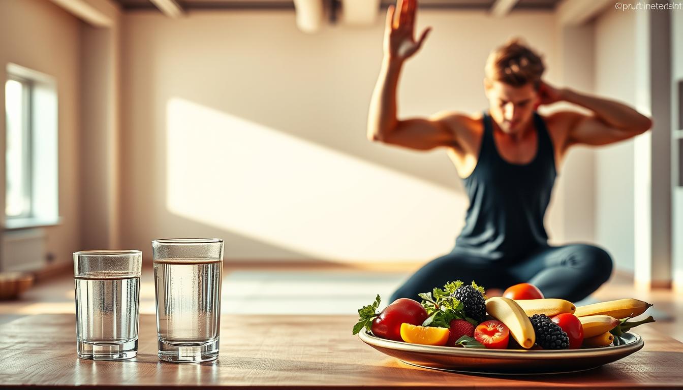 Vibrant scene of a person engaged in intense exercise routine, surrounded by symbols of intermittent fasting. In the foreground, a determined individual performing dynamic yoga poses or high-intensity interval training, muscles flexing with energy. In the middle ground, a table with a glass of water, a cup of black coffee, and a plate of fresh fruits and vegetables, representing the fasting phase. The background features a clean, minimalist gym environment bathed in warm, natural lighting, conveying a sense of focus and discipline. The overall atmosphere evokes a balance between physical exertion and mindful nourishment, capturing the essence of intermittent fasting and exercise.