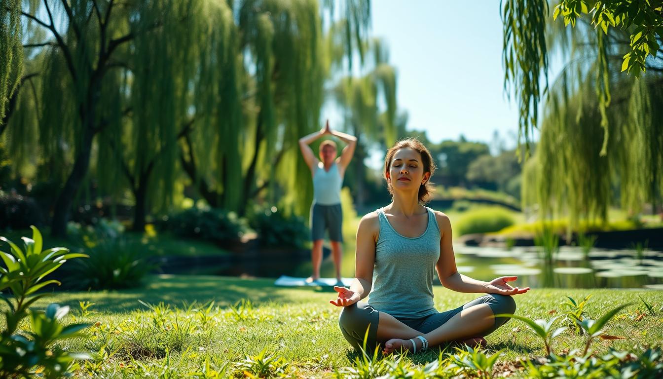 Vibrant scene of mindfulness practices in a serene garden setting. In the foreground, a person sitting cross-legged in a meditative pose, eyes closed, hands resting gently on their lap. Soft natural light filters through the lush greenery surrounding them. In the middle ground, another person standing with arms stretched upwards, performing a gentle yoga pose. In the background, a tranquil pond reflects the swaying trees and a clear blue sky. The atmosphere is one of peace, focus, and inner harmony.