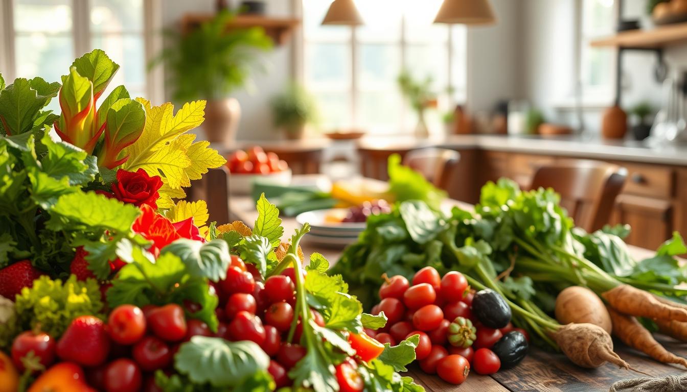Vibrant seasonal produce in the foreground, bursting with color and freshness - crisp greens, juicy berries, vibrant root vegetables. In the middle ground, a rustic wooden table set with a simple yet elegant place setting, showcasing the seasonal bounty. Soft, natural lighting filters through a large window, casting a warm glow over the scene. In the background, a cozy, inviting kitchen, hinting at the nourishing meals that can be prepared with these seasonal ingredients. The overall atmosphere is one of health, vitality, and the joys of eating in harmony with nature's rhythms. Vibrant seasonal produce in the foreground, bursting with color and freshness - crisp greens, juicy berries, vibrant root vegetables. In the middle ground, a rustic wooden table set with a simple yet elegant place setting, showcasing the seasonal bounty. Soft, natural lighting filters through a large window, casting a warm glow over the scene. In the background, a cozy, inviting kitchen, hinting at the nourishing meals that can be prepared with these seasonal ingredients. The overall atmosphere is one of health, vitality, and the joys of eating in harmony with nature's rhythms.