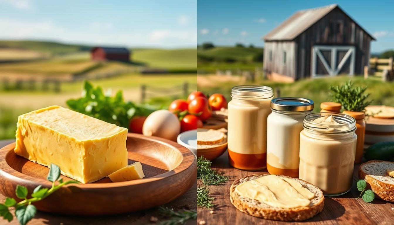 Vibrant, side-by-side comparison of traditional golden butter and modern plant-based alternatives. In the foreground, a wooden butter dish holds a rich, creamy pat of artisanal dairy butter, its surface glistening under warm lighting. Beside it, sleek glass jars contain plant-based spreads in various colors - pale yellow, soft white, deep amber. In the middle ground, fresh vegetables, herbs, and bread slices suggest a rustic, farm-to-table setting. The background features a pastoral landscape, with rolling hills, a weathered barn, and a bright blue sky. This image highlights the visual and textural differences between the timeless beauty of traditional butter and the innovative variety of modern dairy-free options.