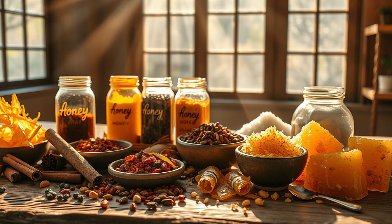 Vibrant spice jars and bowls of aromatic ingredients cast in warm, golden light on a rustic wooden table. Cinnamon sticks, peppercorns, and dried citrus peels intermingle with cascading honeycomb and crystallized sugar. Rays of sunlight filter through a large window, illuminating the diverse flavors and sweetness alternatives ready for culinary exploration. A sense of discovery and experimentation permeates the scene, inviting the viewer to engage their senses and reimagine familiar snacks.
