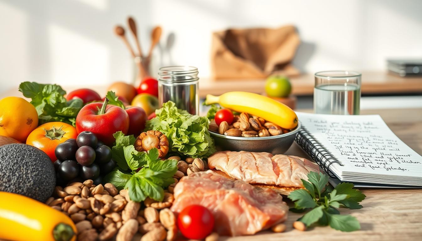 Vibrant still life composition showcasing a balanced meal for curbing cravings. In the foreground, an array of whole, colorful foods - fresh fruits, vegetables, nuts, seeds, and lean protein. The middle ground features kitchen utensils, a glass of water, and a notebook with handwritten notes on nutritional strategies. The background depicts a neutral, airy space with natural lighting streaming in, creating a calming atmosphere. The overall scene conveys a sense of mindfulness, wellness, and the power of nutritional balance to support craving reduction. Vibrant still life composition showcasing a balanced meal for curbing cravings. In the foreground, an array of whole, colorful foods - fresh fruits, vegetables, nuts, seeds, and lean protein. The middle ground features kitchen utensils, a glass of water, and a notebook with handwritten notes on nutritional strategies. The background depicts a neutral, airy space with natural lighting streaming in, creating a calming atmosphere. The overall scene conveys a sense of mindfulness, wellness, and the power of nutritional balance to support craving reduction.