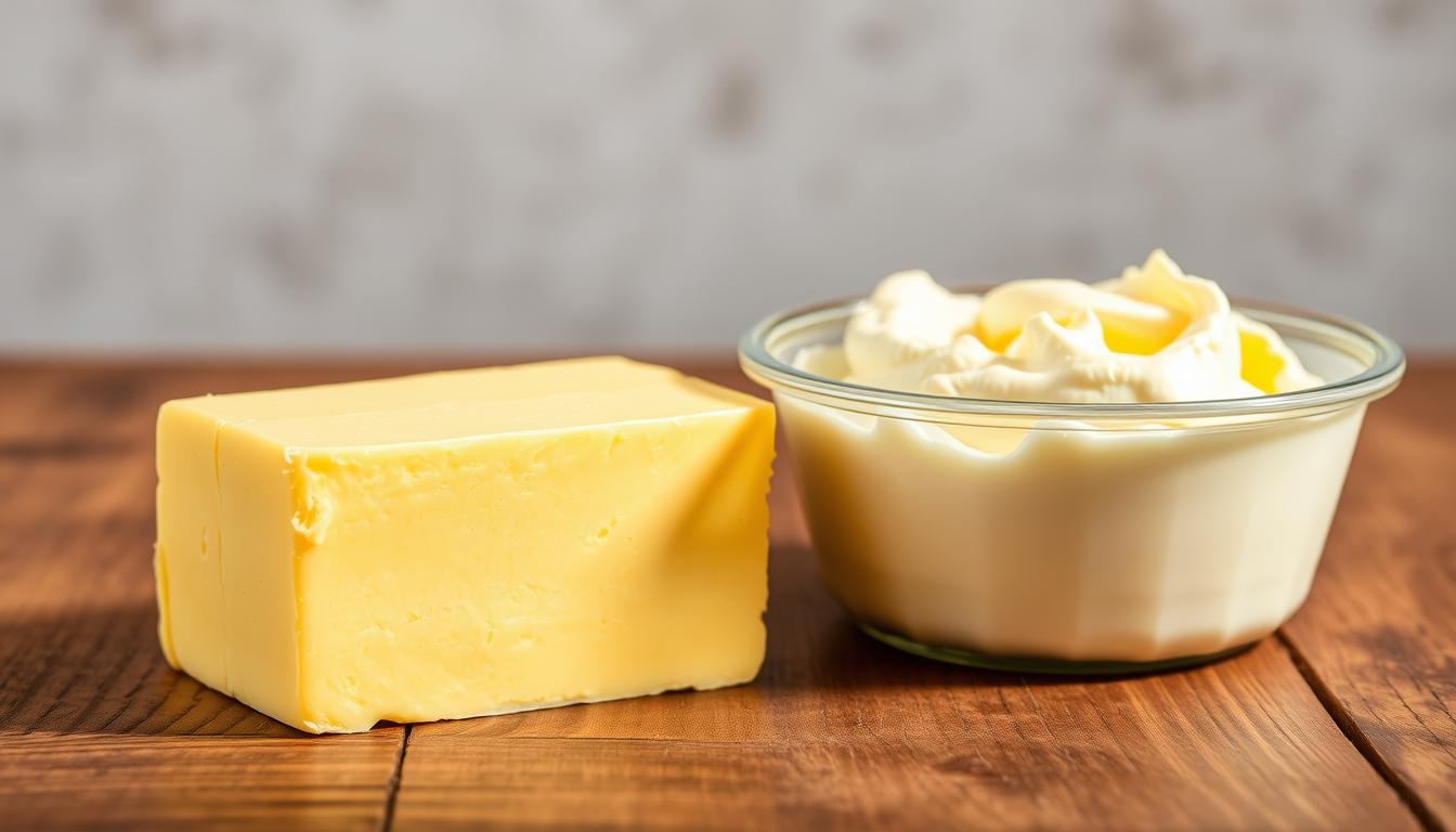 Vibrant still life of butter and margarine on a rustic wooden table, illuminated by soft, natural lighting. In the foreground, a golden block of butter sits next to a tub of creamy margarine, their contrasting textures and colors creating a visually striking display. The background features a neutral, slightly blurred backdrop, allowing the dairy products to take center stage. The composition is carefully balanced, with clean lines and a sense of minimalism, emphasizing the simple yet essential nature of these everyday ingredients. An image that effectively conveys the basic nutritional differences between butter and margarine, a key focus of the "Butter vs. Margarine: Understanding the Basics" section.