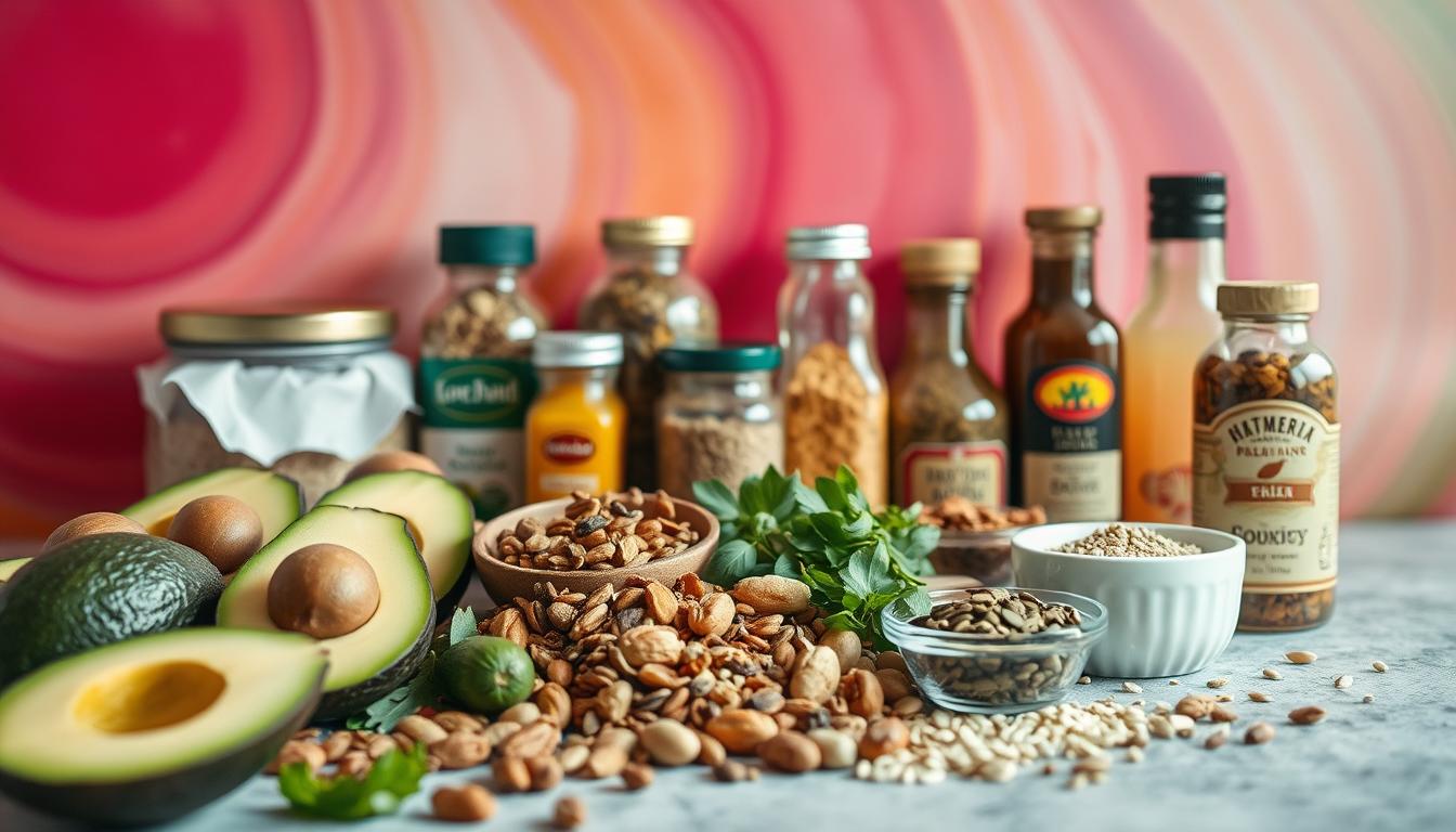 Vibrant still life of low-carb pantry essentials, shot in natural lighting with a soft focus lens. In the foreground, an assortment of healthy ingredients like avocados, nuts, seeds, and olive oil, arranged in a visually appealing manner. In the middle ground, various spices, herbs, and low-carb condiments in glass jars, their labels clearly visible. The background features a swirling, colorful gradient that adds depth and a sense of movement to the composition. The overall mood is one of wellness, simplicity, and culinary inspiration.