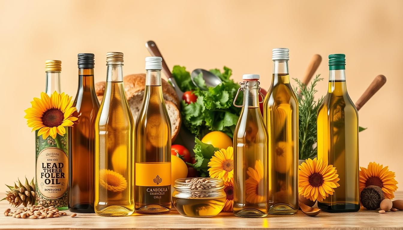 Vibrant still life showcasing an array of seed oils in modern dietary staples. A foreground of gleaming glass bottles filled with various seed oils, such as sunflower, canola, and safflower, arranged artfully. In the middle ground, a selection of common food items like bread, salad greens, and cooking utensils, all integrated to convey the pervasive presence of seed oils in the contemporary diet. The background features a soft, warm-toned backdrop, creating a cohesive, visually appealing composition that highlights the central role of seed oils in today's food landscape.