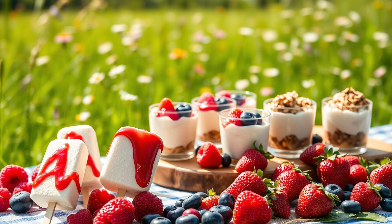 Vibrant, sun-dappled scene of a picnic-inspired dessert spread featuring fresh, juicy berries in an array of colors - plump raspberries, blueberries, and strawberries. In the foreground, artfully arranged yogurt pops in playful shapes and flavors, drizzled with berry coulis. The middle ground showcases a rustic wooden board layered with creamy, vanilla-flecked yogurt parfaits topped with macerated berries and granola crumbles. The background features a lush, green meadow with wildflowers swaying gently in the breeze, evoking a sense of wholesome, outdoor indulgence. Soft, natural lighting casts a warm, inviting glow over the scene, captured through a wide-angle lens to emphasize the bountiful, picnic-ready display. Vibrant, sun-dappled scene of a picnic-inspired dessert spread featuring fresh, juicy berries in an array of colors - plump raspberries, blueberries, and strawberries. In the foreground, artfully arranged yogurt pops in playful shapes and flavors, drizzled with berry coulis. The middle ground showcases a rustic wooden board layered with creamy, vanilla-flecked yogurt parfaits topped with macerated berries and granola crumbles. The background features a lush, green meadow with wildflowers swaying gently in the breeze, evoking a sense of wholesome, outdoor indulgence. Soft, natural lighting casts a warm, inviting glow over the scene, captured through a wide-angle lens to emphasize the bountiful, picnic-ready display.