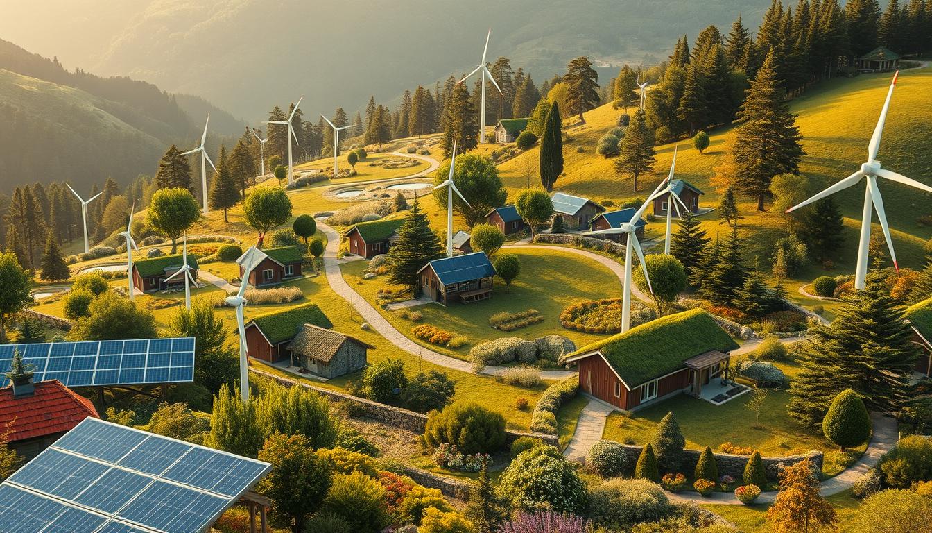 Vibrant, sustainable eco-village nestled in a verdant landscape. Lush gardens, solar panels, and wind turbines in the foreground. Modest, energy-efficient homes with green roofs in the middle ground. Winding paths, ponds, and towering trees create a serene, nature-driven atmosphere. Warm, diffused lighting illuminates the scene, conveying a sense of harmony between human habitation and the natural environment. The overall composition emphasizes the principles of environmental design, showcasing how thoughtful architecture and landscape integration can enable a lifestyle of sustainable change. Vibrant, sustainable eco-village nestled in a verdant landscape. Lush gardens, solar panels, and wind turbines in the foreground. Modest, energy-efficient homes with green roofs in the middle ground. Winding paths, ponds, and towering trees create a serene, nature-driven atmosphere. Warm, diffused lighting illuminates the scene, conveying a sense of harmony between human habitation and the natural environment. The overall composition emphasizes the principles of environmental design, showcasing how thoughtful architecture and landscape integration can enable a lifestyle of sustainable change.