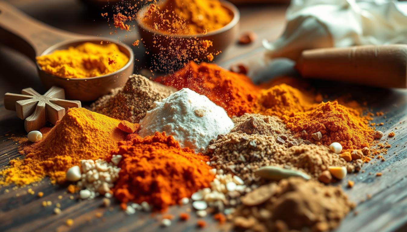 Vibrant swirling array of spice blends for low carb diet, arranged in an artful display on a rustic wooden surface. Warm golden lighting illuminates the rich hues of turmeric, paprika, garlic powder, and other flavorful seasonings. Pinches of the spices drift through the air, creating a dynamic and enticing composition. The image conveys the mood of budget-friendly flavor hacks that can elevate low carb meals, with a sense of depth and visual interest.