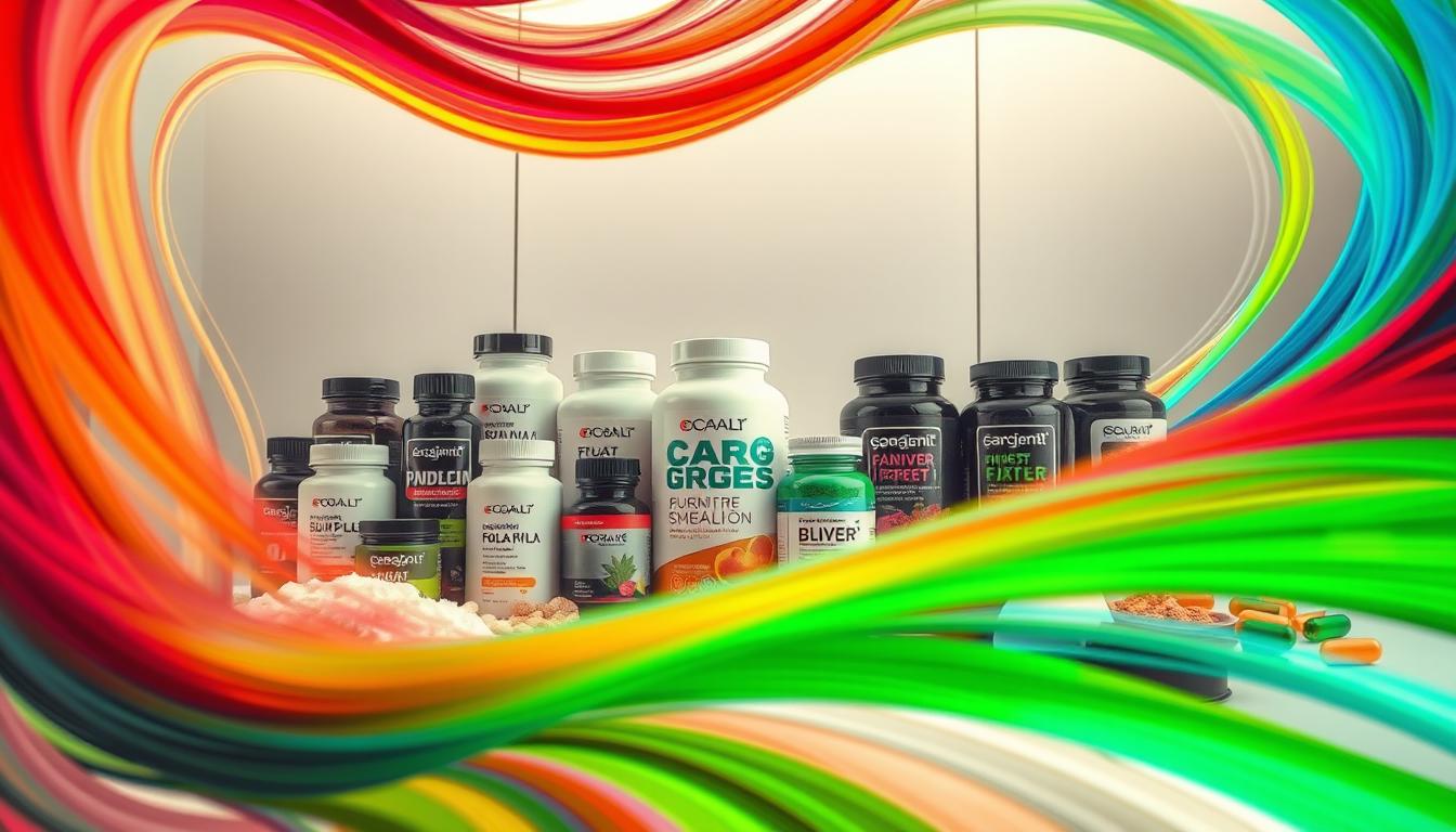 Vibrant swirling colors cascade across the frame, highlighting an assortment of nutritional supplements arranged in a dynamic, captivating display. In the foreground, a diverse collection of bottles, capsules, and powders in rich hues of greens, reds, and blues symbolize the comprehensive support for carb slip recovery. The middle ground features a sleek, contemporary background, with clean lines and a minimalist aesthetic, allowing the supplements to take center stage. The lighting is soft and diffused, casting a warm, therapeutic glow over the scene, conveying a sense of wellness and rejuvenation. The overall composition is balanced and visually striking, inviting the viewer to explore the potential of these targeted nutritional aids in aiding the weekend warrior's journey to bounce back after a carb slip.