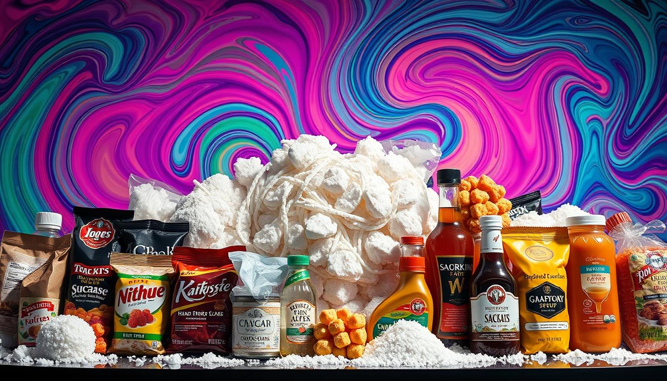 Vibrant swirling colors envelop a diverse array of refined sugars, syrups, and sweeteners, each masquerading as a deceptive "low carb" ingredient. In the foreground, a sleek display of various food packages, their labels cleverly obscuring the hidden sugars within. The middle ground features a tangled web of sugar aliases, from the familiar sucrose to the obscure evaporated cane juice. In the background, a kaleidoscope of textured patterns and shapes, hinting at the complexity of decoding nutritional information. Dramatic lighting casts dramatic shadows, emphasizing the secretive nature of these sugary additives. This meticulously crafted scene invites the viewer to unravel the deception, empowering them to make informed choices about their health.