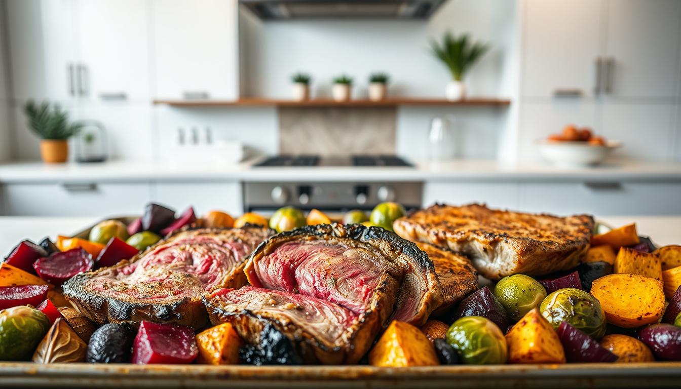 Vibrant swirling colors fill a sheet pan, showcasing a mouthwatering arrangement of seared beef and pork. In the foreground, thick-cut slices of tender ribeye and juicy pork chops sizzle under a golden-brown crust, their edges charred to perfection. Surrounding the protein centerpieces, an array of roasted vegetables - crimson beets, earthy Brussels sprouts, and golden-hued sweet potatoes - create a visually stunning display. Overhead, soft, diffused lighting casts a warm glow, accentuating the rich caramelization and highlighting the depth of flavors. In the background, a stylized kitchen setting with minimalist decor provides a clean, modern backdrop, allowing the sheet pan culinary creation to take center stage.