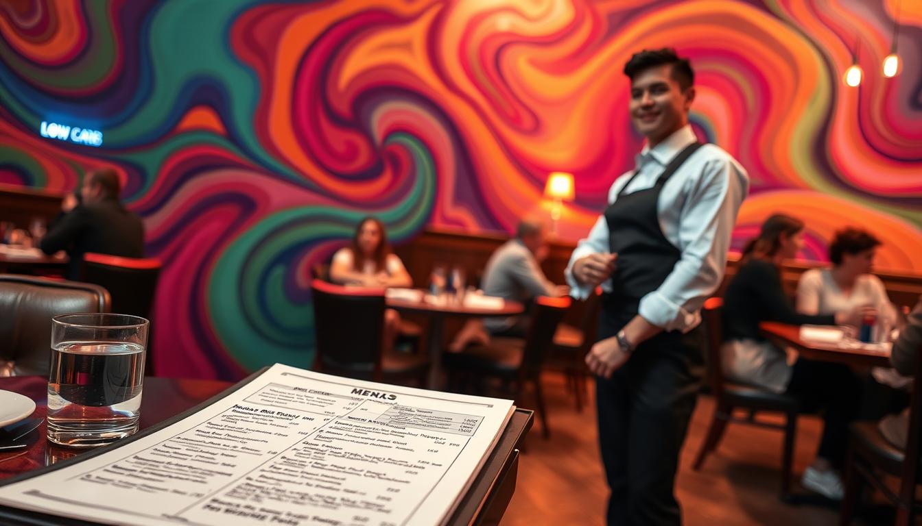 Vibrant swirling colors in a cozy restaurant setting. In the foreground, a table with a menu, utensils, and a glass of water. The menu features low-carb meal options highlighted, with notes scribbled in the margins. In the middle ground, a server approaching the table, their uniform crisp and their expression welcoming. The background shows the warm ambiance of the restaurant, with muted lighting, wooden accents, and patrons engaged in conversation. The scene conveys a sense of guidance and ease in navigating a low-carb lifestyle while dining out.