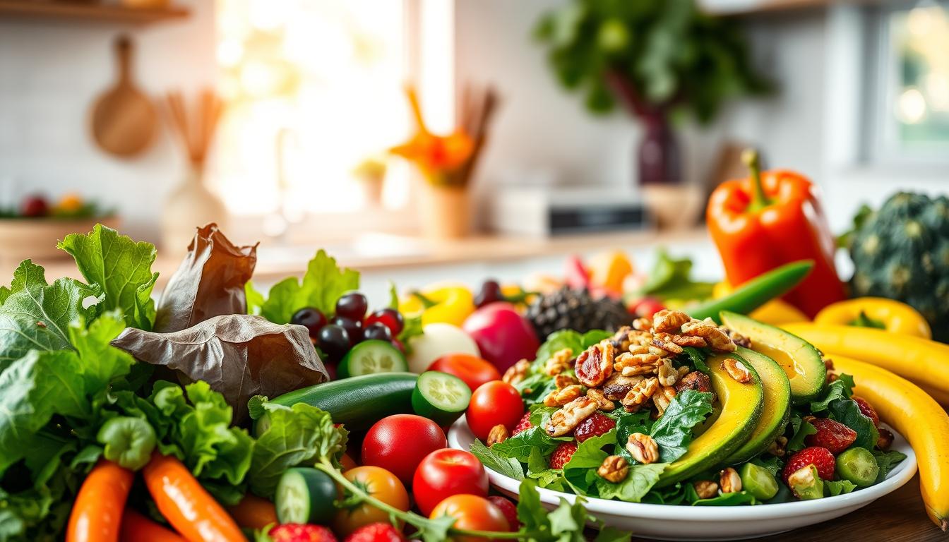 Vibrant swirling colors of a gut health optimizing low carb diet. In the foreground, a variety of fresh vegetables and fruits bursting with color - leafy greens, colorful peppers, crisp cucumbers, and juicy berries. In the middle ground, a plate featuring a hearty salad topped with sliced avocado, roasted nuts, and a drizzle of olive oil. The background showcases a clean, minimalist kitchen setting with natural lighting filtering in, creating a serene and nourishing atmosphere. The entire scene conveys a sense of balance, vitality, and a focus on gut-friendly, low-carb ingredients that support overall well-being.