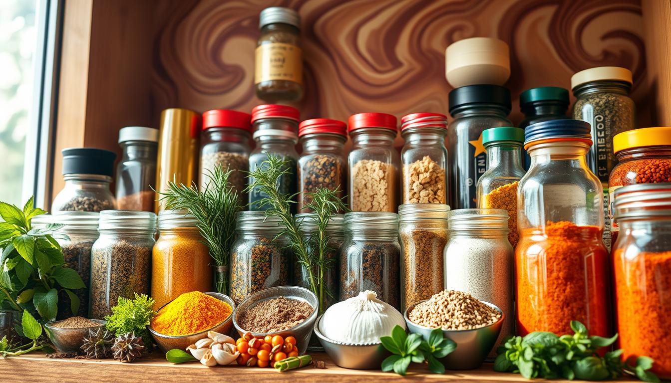 Vibrant swirling colors of a well-stocked spice rack, showcasing an assortment of aromatic herbs and spices. Sunlight filters through the window, casting a warm glow on the jars and bottles. Arrangements of cumin, oregano, rosemary, garlic powder, paprika, and other keto-friendly seasonings are thoughtfully displayed, hinting at the flavorful possibilities for low-carb cooking. The composition is balanced, allowing each ingredient to stand out while creating a harmonious whole. The overall mood is one of culinary inspiration and health-conscious indulgence.