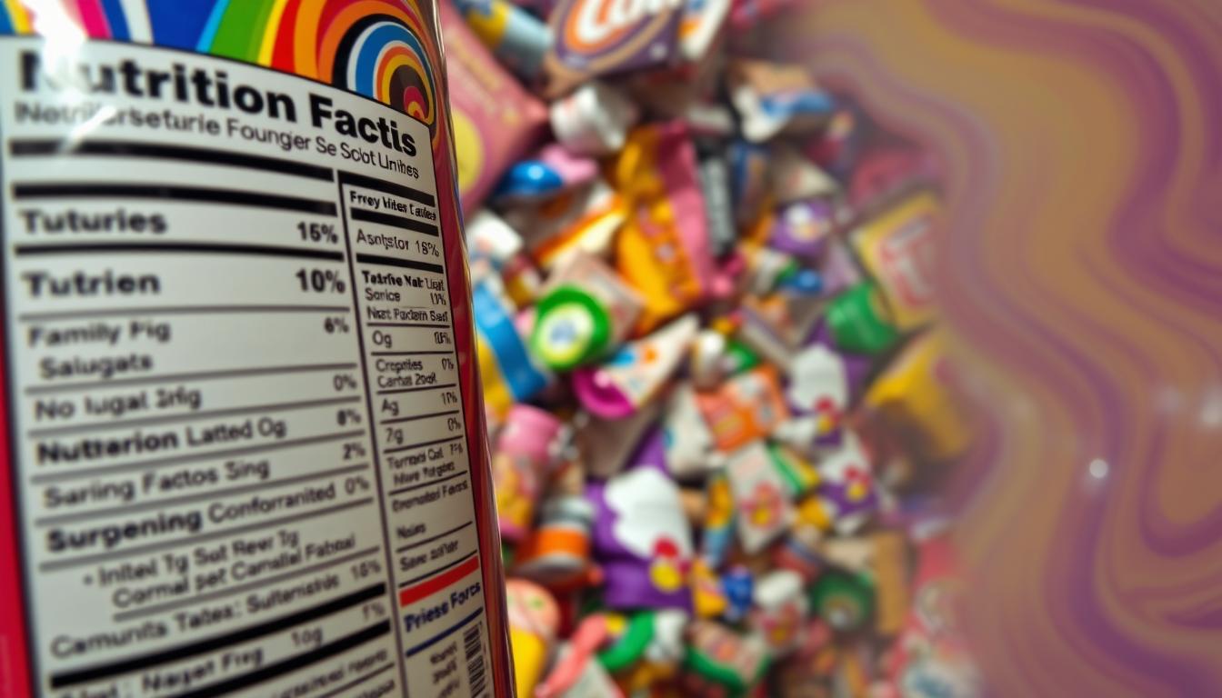 Vibrant swirling colors of deceptive food labels, a kaleidoscope of marketing buzzwords obscuring hidden sugars. In the foreground, a close-up of a nutrition panel, the text distorted and obfuscated by a layer of glossy stickers boasting "low carb," "no sugar added," and other misleading claims. In the middle ground, a tangled web of colorful packaging, each item vying for attention with bold graphics and confusing verbiage. The background fades into a hazy, dreamlike realm, hinting at the broader landscape of the modern food industry, where transparency and truth are often sacrificed in the pursuit of profit.
