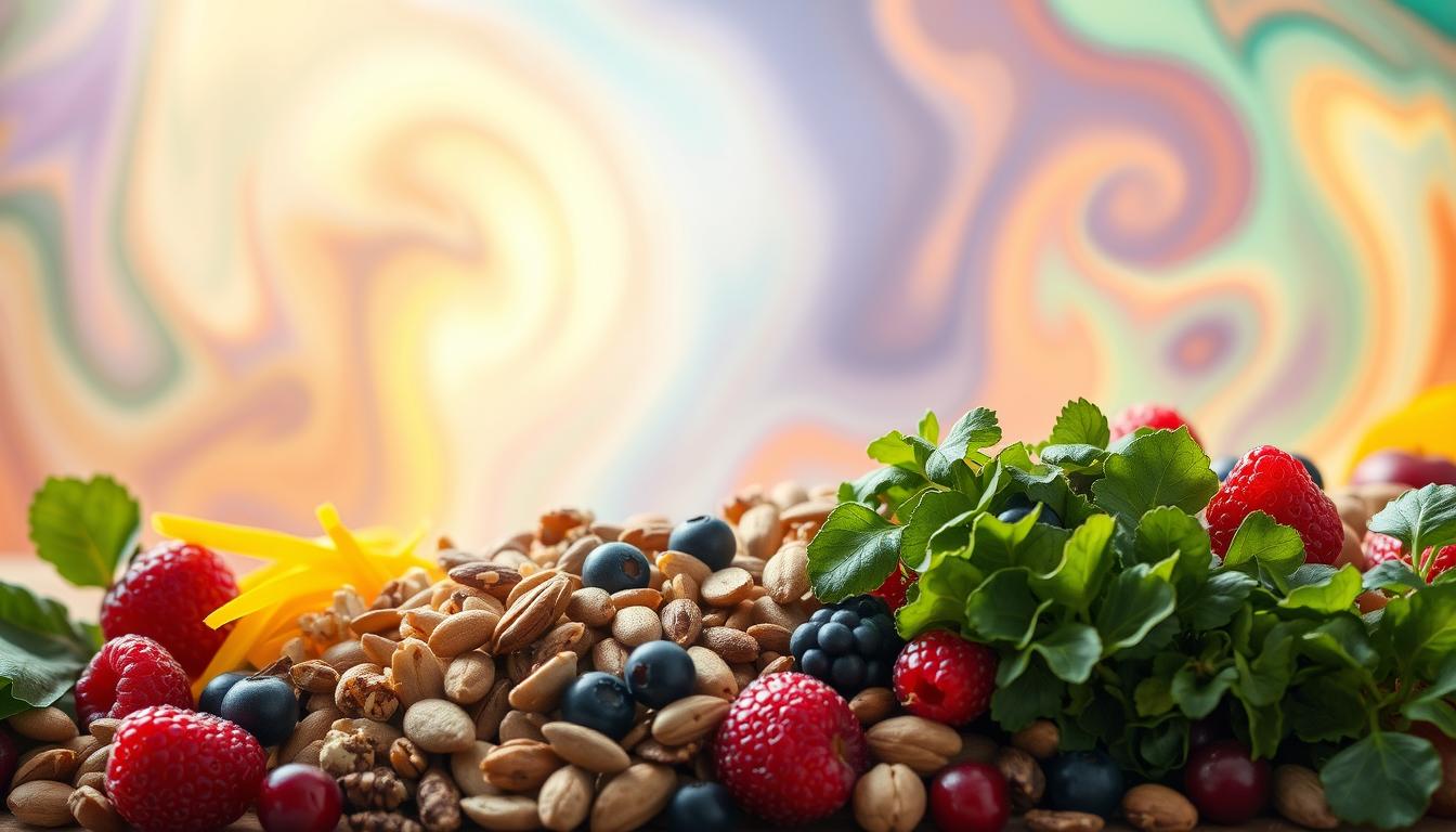 Vibrant swirling colors of essential nutrients dance across the frame, forming a visually striking array of protein, carbohydrates, and healthy fats. In the foreground, an array of whole foods - leafy greens, colorful berries, nuts, and seeds - come together in a harmonious composition, symbolizing the balanced approach to dietary restoration. The middle ground features a glowing, ethereal backdrop of gradient hues, evoking a sense of rejuvenation and wholeness. Soft, diffused lighting casts a warm, nourishing glow over the scene, creating an atmosphere of equilibrium and vitality. Captured from a slightly elevated angle, the image conveys a sense of order and intentionality, guiding the viewer towards a path of nutritional balance and recovery.