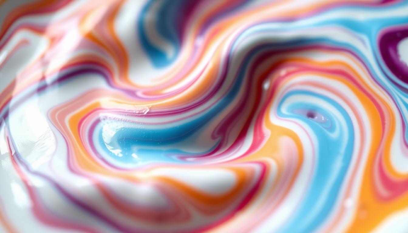 Vibrant swirling colors of flavored yogurt, revealing the hidden carbohydrate content. A close-up view showcases the luscious texture and rich hues, masking the high sugar levels within. The creamy surface reflects the deceptive nature of this breakfast staple, inviting the viewer to explore the nutritional facts lurking beneath the surface. Soft lighting accentuates the alluring appeal, while a subtle depth of field creates a sense of depth and mystery, hinting at the "Breakfast Betrayal" waiting to be uncovered.