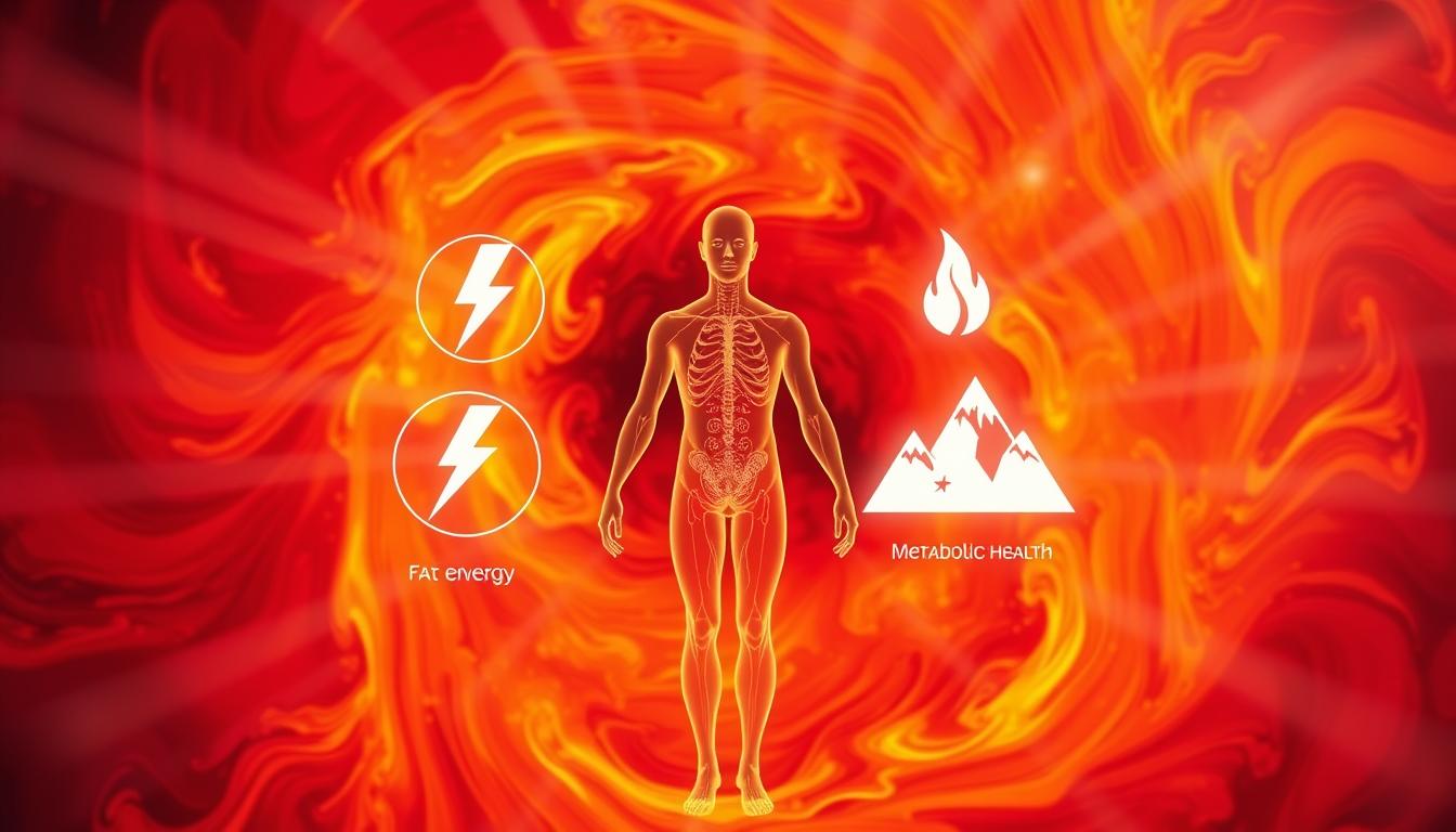 Vibrant swirling colors of reds, oranges, and yellows, resembling a cosmic dance, fill the background. In the foreground, a glowing, ethereal figure representing the human body emerges, surrounded by translucent icons symbolizing the benefits of intermittent fasting and a low-carb diet: a lightning bolt for increased energy, a flame for fat-burning, and a mountain peak for improved metabolic health. Beams of light radiate outward, illuminating the scene with a sense of vitality and transformation. The composition is dynamic, inviting the viewer to explore the synergistic relationship between these powerful wellness practices.