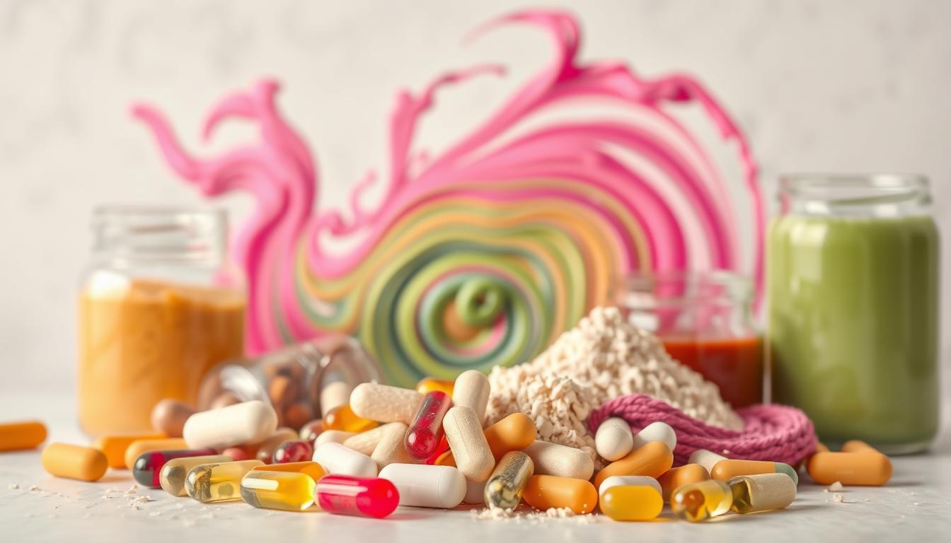 Vibrant swirling colors of various low carb supplements in the foreground, including capsules, powders, and liquids. The background features a clean, minimalist setting with a soft, diffused lighting, highlighting the supplements' textures and hues. The composition creates a sense of order and balance, showcasing the supplements as effective low carb strategies. The image conveys a modern, health-conscious atmosphere, inviting the viewer to explore the benefits of these carefully curated supplements. Vibrant swirling colors of various low carb supplements in the foreground, including capsules, powders, and liquids. The background features a clean, minimalist setting with a soft, diffused lighting, highlighting the supplements' textures and hues. The composition creates a sense of order and balance, showcasing the supplements as effective low carb strategies. The image conveys a modern, health-conscious atmosphere, inviting the viewer to explore the benefits of these carefully curated supplements.