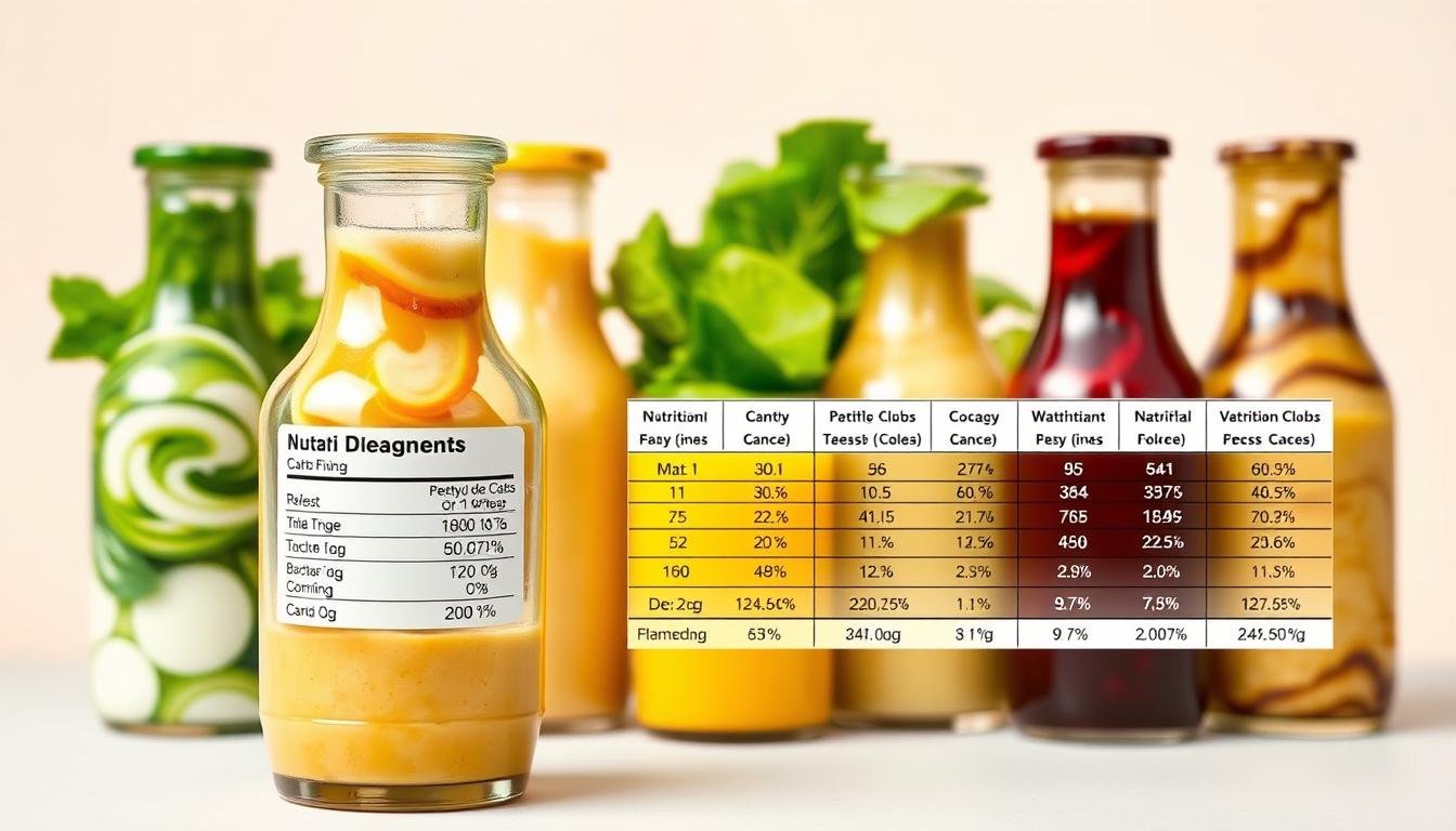Vibrant swirling colors of various salad dressings, neatly arranged in a row, with a crisp, clear glass container in the foreground showcasing the carbohydrate content of each type. The middle ground features a detailed nutritional breakdown, presented in a clean, legible manner. The background is a soft, neutral tone, allowing the dressings and their carb analysis to take center stage. Captured with a sharp, high-resolution lens, the image conveys a sense of informative clarity and visual appeal, perfectly suited to illustrate the "Salad Dressings: Leafy Green Sabotage" section of the article.