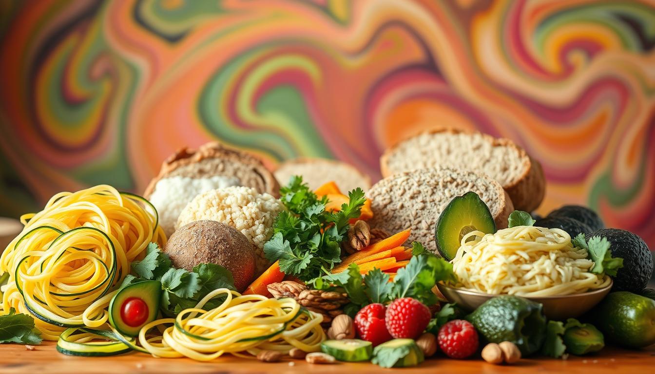 Vibrant swirling colors surround a lively still life composition showcasing various low-carb food substitutes. In the foreground, an array of fresh vegetables like zucchini noodles, cauliflower rice, and shirataki noodles are arranged elegantly. In the middle ground, low-carb bread slices, almond flour, and chia seeds add textural contrast. The background features a blurred, dreamlike landscape of low-carb ingredients like avocados, nuts, and berries, creating an atmospheric, appetizing scene. Warm, natural lighting illuminates the composition, highlighting the healthy, guilt-free alternatives to traditional high-carb foods. Vibrant swirling colors surround a lively still life composition showcasing various low-carb food substitutes. In the foreground, an array of fresh vegetables like zucchini noodles, cauliflower rice, and shirataki noodles are arranged elegantly. In the middle ground, low-carb bread slices, almond flour, and chia seeds add textural contrast. The background features a blurred, dreamlike landscape of low-carb ingredients like avocados, nuts, and berries, creating an atmospheric, appetizing scene. Warm, natural lighting illuminates the composition, highlighting the healthy, guilt-free alternatives to traditional high-carb foods.