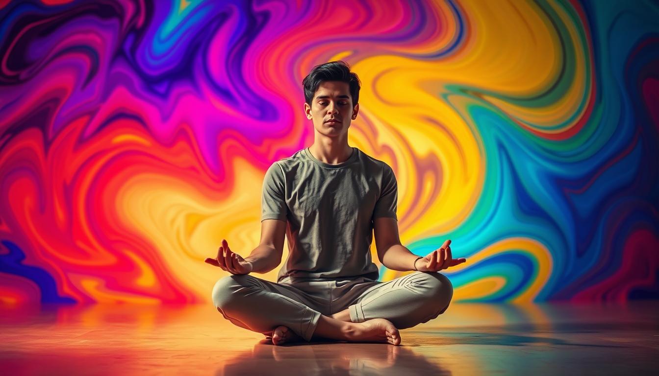 Vibrant swirling colors surround a person sitting cross-legged on the ground, their hands resting on their knees in a meditative pose. The background is a kaleidoscope of dynamic shapes and hues, creating a sense of focus and inner peace. The lighting is soft and warm, casting a glow on the figure's face as they appear to be deep in thought, effortlessly resisting the temptation of indulgent cravings. The composition is balanced and centered, conveying a message of control and self-discipline over one's impulses.
