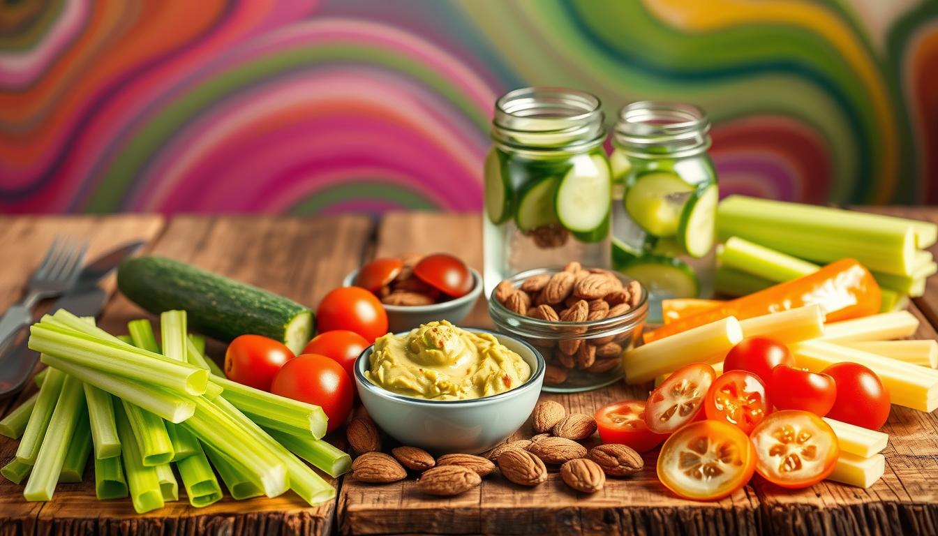 Vibrant swirling colors surround a rustic wooden table laden with an assortment of low-carb snack options. In the foreground, crunchy celery sticks, crisp cucumber slices, and juicy cherry tomatoes are artfully arranged. In the middle ground, a small bowl of creamy guacamole and a handful of savory roasted almonds sit alongside a glass jar of refreshing cucumber-infused water. The background features a soft, blurred gradient of earthy tones, hinting at the nourishing and budget-friendly nature of these smart snacking solutions.