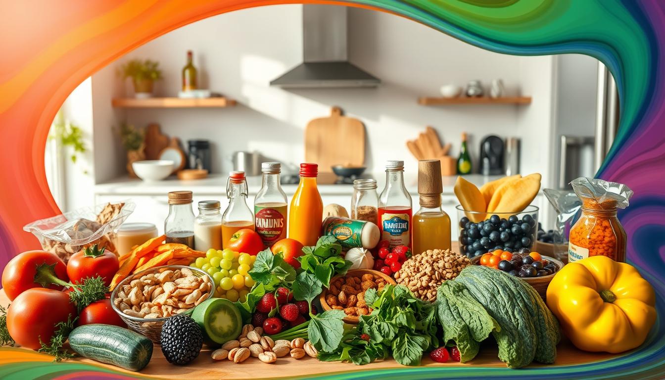 Vibrant swirling colors surrounding a well-stocked kitchen counter, showcasing an array of low-carb snacks and ingredients. In the foreground, an assortment of fresh vegetables, nuts, and berries arranged in an eye-catching display. In the middle ground, various low-carb condiments, seasonings, and alternative sweeteners. In the background, a sleek, modern kitchen with minimalist decor, bathed in warm, natural lighting. The overall atmosphere conveys a sense of effortless healthy living and simple, accessible low-carb tricks. Vibrant swirling colors surrounding a well-stocked kitchen counter, showcasing an array of low-carb snacks and ingredients. In the foreground, an assortment of fresh vegetables, nuts, and berries arranged in an eye-catching display. In the middle ground, various low-carb condiments, seasonings, and alternative sweeteners. In the background, a sleek, modern kitchen with minimalist decor, bathed in warm, natural lighting. The overall atmosphere conveys a sense of effortless healthy living and simple, accessible low-carb tricks.