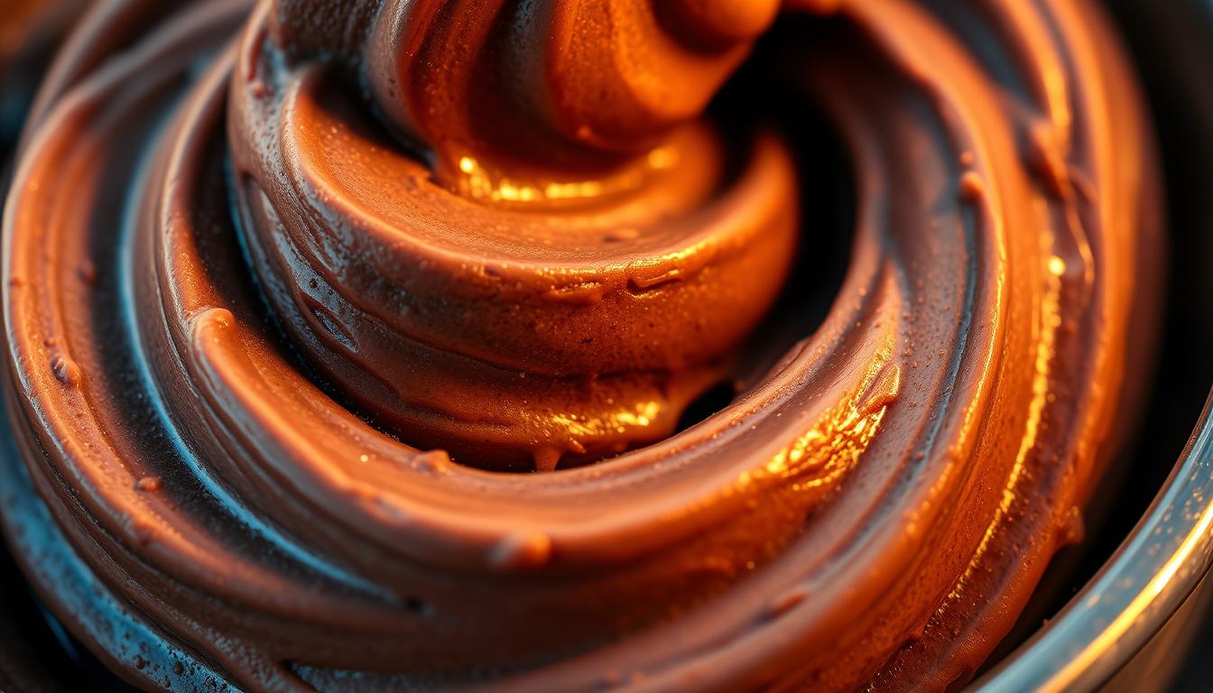 Vibrant swirling velvety chocolate ice cream, infused with the rich, creamy essence of fresh avocado. A delicate balance of sweet and savory, with a smooth, silky texture that melts on the tongue. Captured in a high-resolution close-up, illuminated by warm, golden lighting that casts soft shadows, highlighting the luxurious, decadent appearance. The ice cream appears to be scooped into a sleek, modern serving dish, showcasing its alluring hues and tempting presentation.
