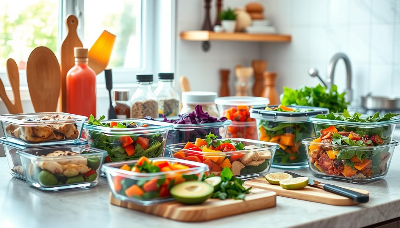 Vibrant, well-lit kitchen counter showcasing an array of low-carb meal prep items. In the foreground, glass containers filled with grilled chicken, roasted vegetables, and hearty salads. In the middle ground, various healthy seasonings, cooking utensils, and a cutting board with sliced avocado and fresh herbs. The background features a bright, airy window allowing natural light to flood the scene, creating a warm, inviting atmosphere. The colors are crisp and saturated, accentuating the vibrant, nutrient-dense ingredients. The overall composition conveys a sense of organized efficiency and healthy living.
