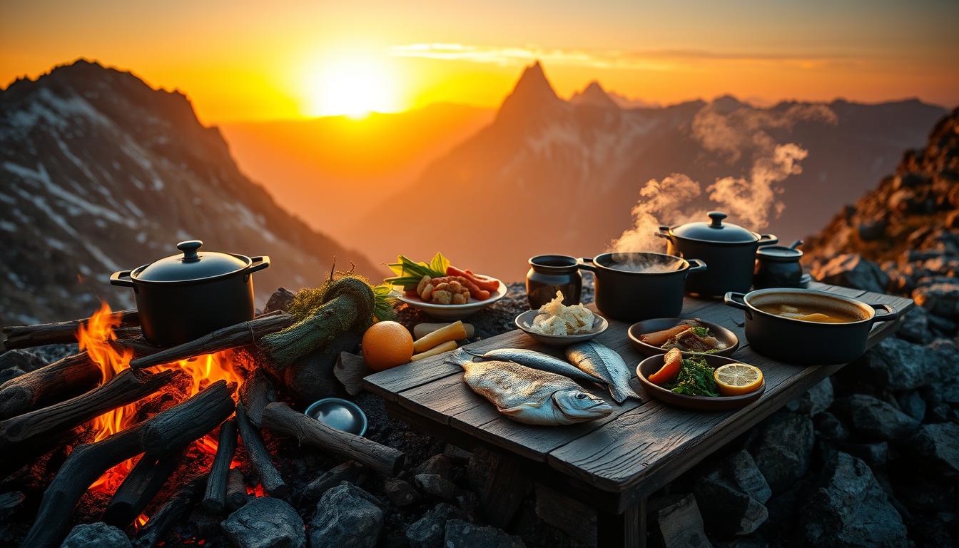 Vibrant wilderness cooking scene on a rocky cliff, with a crackling campfire in the foreground. Rugged pots and pans simmering over the flames, accompanied by an array of freshly foraged ingredients. In the middle ground, a weathered wooden table displays a spread of simple, wholesome dishes - roasted root vegetables, grilled fish, and a steaming pot of hearty stew. The background showcases a dramatic mountain vista, with towering peaks silhouetted against a golden sunset sky. Warm, natural lighting casts a cozy glow over the entire tableau, inviting the viewer to imagine the rustic, nourishing experience of high-altitude cooking in the great outdoors.